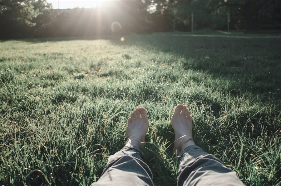 Die Beine und Füße einer Person im Gras